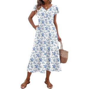 Zeagoo Women’s Summer Casual Dress Flutter Short Sleeve V Neck Button Down Tiered Flowy Long Dress with Pockets(Xh419)