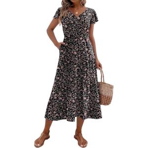 Zeagoo Women’s Summer Casual Dress Flutter Short Sleeve V Neck Button Down Tiered Flowy Long Dress with Pockets(Xh532)