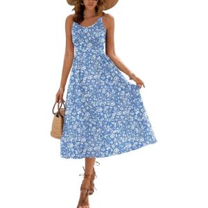 Zeagoo Womens Summer Dress Casual Flutter Boho Floral V Neck Flowy Midi A-Line Beach Vacation Sundresses with Pockets(Blue Floral 02)