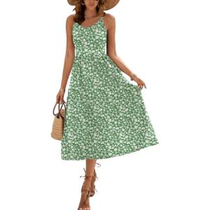 Zeagoo Womens Summer Dress Casual Flutter Boho Floral V Neck Flowy Midi A-Line Beach Vacation Sundresses with Pockets(Green)