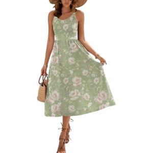 Zeagoo Womens Summer Dress Casual Flutter Boho Floral V Neck Flowy Midi A-Line Beach Vacation Sundresses with Pockets(Green Floral)