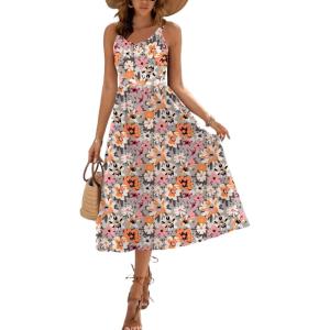 Zeagoo Womens Summer Dress Casual Flutter Boho Floral V Neck Flowy Midi A-Line Beach Vacation Sundresses with Pockets(Multicolor)