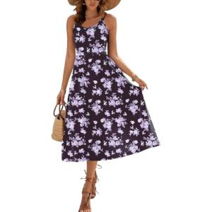 Zeagoo Womens Summer Dress Casual Flutter Boho Floral V Neck Flowy Midi A-Line Beach Vacation Sundresses with Pockets(Navy Floral 02)