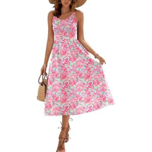 Zeagoo Womens Summer Dress Casual Flutter Boho Floral V Neck Flowy Midi A-Line Beach Vacation Sundresses with Pockets(Pink Floral 02)