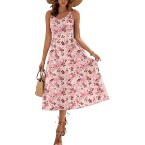Zeagoo Womens Summer Dress Casual Flutter Boho Floral V Neck Flowy Midi A-Line Beach Vacation Sundresses with Pockets(Pink Floral)