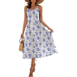 Zeagoo Womens Summer Dress Casual Flutter Boho Floral V Neck Flowy Midi A-Line Beach Vacation Sundresses with Pockets(White Blue Floral)