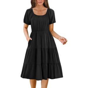 Zeagoo Women’s Summer Dress Casual Puff Sleeve Square Neck Midi Dresses Tiered Beach Vacation A-Line Sundress with Pockets(01-black)