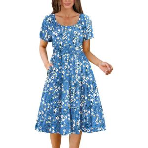 Zeagoo Women’s Summer Dress Casual Puff Sleeve Square Neck Midi Dresses Tiered Beach Vacation A-Line Sundress with Pockets(01-floral)