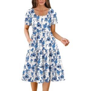 Zeagoo Women’s Summer Dress Casual Puff Sleeve Square Neck Midi Dresses Tiered Beach Vacation A-Line Sundress with Pockets(01-light Blue Floral)
