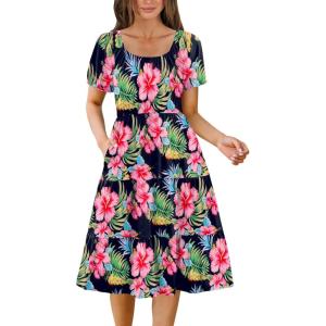 Zeagoo Women’s Summer Dress Casual Puff Sleeve Square Neck Midi Dresses Tiered Beach Vacation A-Line Sundress with Pockets(Pink Green Floral)