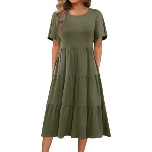 Zeagoo Women’s Summer Dress Midi Floral Flutter Short Sleeve Casual Dresses with Pockets Tiered Flowy Boho Beach Dress(Army Green)