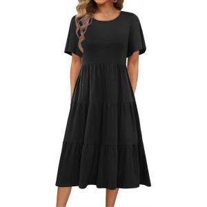 Zeagoo Women’s Summer Dress Midi Floral Flutter Short Sleeve Casual Dresses with Pockets Tiered Flowy Boho Beach Dress(Black)