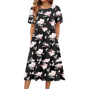 Zeagoo Women’s Summer Dress Midi Floral Flutter Short Sleeve Casual Dresses with Pockets Tiered Flowy Boho Beach Dress(Floral Black)