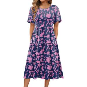 Zeagoo Women’s Summer Dress Midi Floral Flutter Short Sleeve Casual Dresses with Pockets Tiered Flowy Boho Beach Dress(Floral Dark Blue)