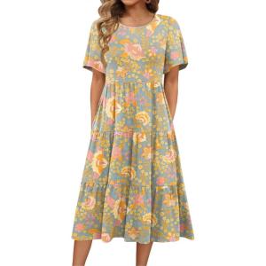 Zeagoo Women’s Summer Dress Midi Floral Flutter Short Sleeve Casual Dresses with Pockets Tiered Flowy Boho Beach Dress(Floral Gray)