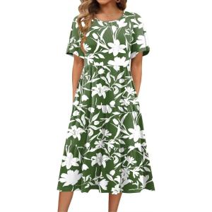 Zeagoo Women’s Summer Dress Midi Floral Flutter Short Sleeve Casual Dresses with Pockets Tiered Flowy Boho Beach Dress(Floral Green)