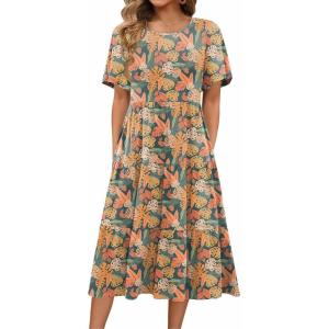 Zeagoo Women’s Summer Dress Midi Floral Flutter Short Sleeve Casual Dresses with Pockets Tiered Flowy Boho Beach Dress(Floral Orange)