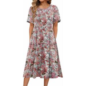 Zeagoo Women’s Summer Dress Midi Floral Flutter Short Sleeve Casual Dresses with Pockets Tiered Flowy Boho Beach Dress(Floral Pink)