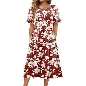 Zeagoo Women’s Summer Dress Midi Floral Flutter Short Sleeve Casual Dresses with Pockets Tiered Flowy Boho Beach Dress(Floral Red White)