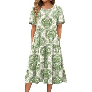 Zeagoo Women’s Summer Dress Midi Floral Flutter Short Sleeve Casual Dresses with Pockets Tiered Flowy Boho Beach Dress(Printed Green)