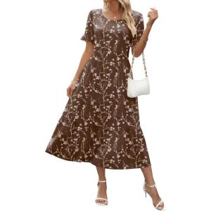 Zeagoo Womens Summer Dresses 2026 Casual Midi Dress Flowy Sundress Ruffle Short Sleeve Tiered Dresses A Line Boho Dress(Brown Floral)