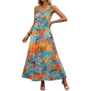 Zeagoo Womens Summer Maxi Dress Spaghetti Strap Casual Printed Dress Boho Floral Beach Sundress,(Leaf-1)