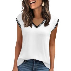 Zeagoo Women’s Summer Tops Cap Sleeve Casual Shirts 2025 V Neck Basic Tshirts Loose Fit Trendy Tee(White)