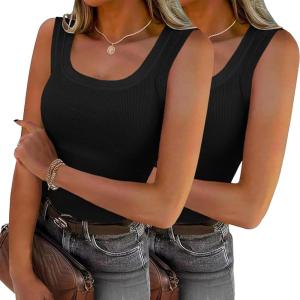 Zeagoo Womens Summer Tops Square Neck Ribbed Tank Tops Slim Fitted Racerback Sleeveless Shirts Basic Casual 2 Pack(B-black&black)
