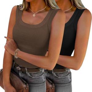 Zeagoo Womens Summer Tops Square Neck Ribbed Tank Tops Slim Fitted Racerback Sleeveless Shirts Basic Casual 2 Pack(B-black&brown)