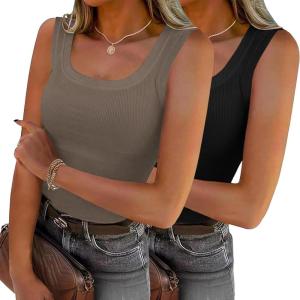 Zeagoo Womens Summer Tops Square Neck Ribbed Tank Tops Slim Fitted Racerback Sleeveless Shirts Basic Casual 2 Pack(B-black&leaf)