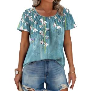 Zeagoo Women’s Summer Tunic Tops Short Sleeve Floral Boho Casual T Shirts Pleated Crewneck Flowy Relax Fit Soft Blouses(Bird Floral)