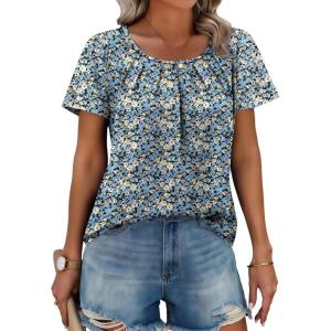 Zeagoo Women’s Summer Tunic Tops Short Sleeve Floral Boho Casual T Shirts Pleated Crewneck Flowy Relax Fit Soft Blouses(Blue Floral)