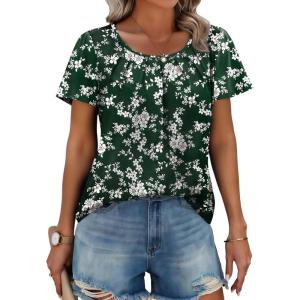 Zeagoo Women’s Summer Tunic Tops Short Sleeve Floral Boho Casual T Shirts Pleated Crewneck Flowy Relax Fit Soft Blouses(Green Floral)