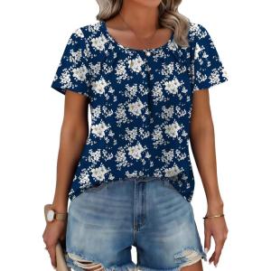 Zeagoo Women’s Summer Tunic Tops Short Sleeve Floral Boho Casual T Shirts Pleated Crewneck Flowy Relax Fit Soft Blouses(Navy Floral)