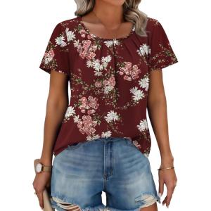 Zeagoo Women’s Summer Tunic Tops Short Sleeve Floral Boho Casual T Shirts Pleated Crewneck Flowy Relax Fit Soft Blouses(Red Floral)