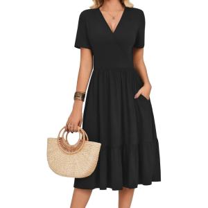 Zeagoo Womens Summer Warp V-Neck Casual Dresses Short Sleeve Midi Floral Dress with Pockets Tiered Flowy A Line Sundress(Black)