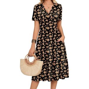 Zeagoo Womens Summer Warp V-Neck Casual Dresses Short Sleeve Midi Floral Dress with Pockets Tiered Flowy A Line Sundress(Black Orange Floral)