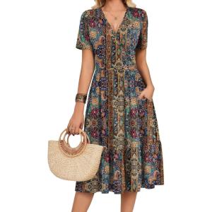 Zeagoo Womens Summer Warp V-Neck Casual Dresses Short Sleeve Midi Floral Dress with Pockets Tiered Flowy A Line Sundress(Bohemian Orange)