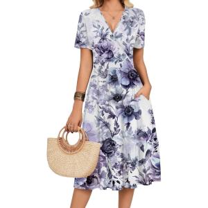 Zeagoo Womens Summer Warp V-Neck Casual Dresses Short Sleeve Midi Floral Dress with Pockets Tiered Flowy A Line Sundress(Purple Floral)