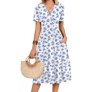 Zeagoo Womens Summer Warp V-Neck Casual Dresses Short Sleeve Midi Floral Dress with Pockets Tiered Flowy A Line Sundress(White Blue Floral)