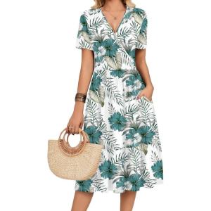 Zeagoo Womens Summer Warp V-Neck Casual Dresses Short Sleeve Midi Floral Dress with Pockets Tiered Flowy A Line Sundress(White Green Leaf)