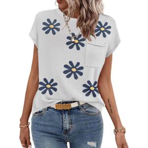 Zeagoo Womens Sweater Vest Fall 2026 Loose Fit Cape Sleeve Knit Ribbed Tank Tops with Front Pocket S-XXL(Black Flower)