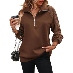 Zeagoo Women’s Sweatshrits Quarter Zip Pullover Fleece Sweatshirt Casual Cable Knit Sleeve Hoodies Fashion Outfits Clothes(Brown)