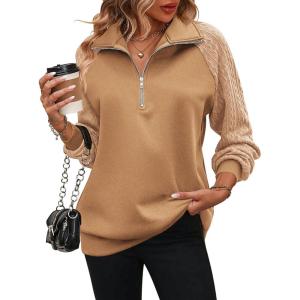 Zeagoo Women’s Sweatshrits Quarter Zip Pullover Fleece Sweatshirt Casual Cable Knit Sleeve Hoodies Fashion Outfits Clothes(Camel)