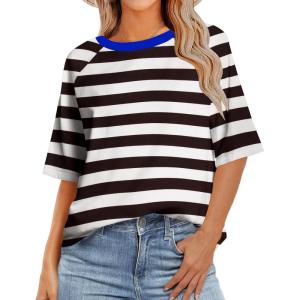 Zeagoo Womens T Shirts Summer Casual Oversized Crewneck Loose Fit Short Sleeve Striped Tops Fashion Comfy Basic Tee Blouses(Black and White Striped)