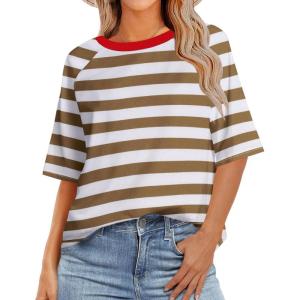 Zeagoo Womens T Shirts Summer Casual Oversized Crewneck Loose Fit Short Sleeve Striped Tops Fashion Comfy Basic Tee Blouses(Khaki and White Striped)