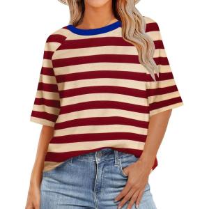 Zeagoo Womens T Shirts Summer Casual Oversized Crewneck Loose Fit Short Sleeve Striped Tops Fashion Comfy Basic Tee Blouses(Red and Apricot Striped)