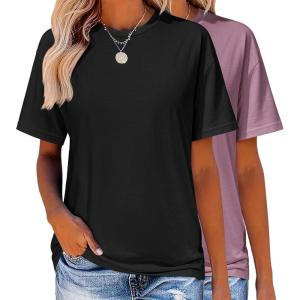 Zeagoo Women’s T-Shirts Short Sleeve Tops Summer Casual Blouse Crew Neck Basic Shirt 2 Pack Loose Fit Tee(Bb-black purple Red)