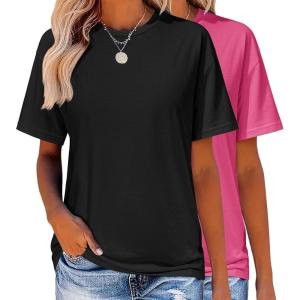 Zeagoo Women’s T-Shirts Short Sleeve Tops Summer Casual Blouse Crew Neck Basic Shirt 2 Pack Loose Fit Tee(Black rose Red)