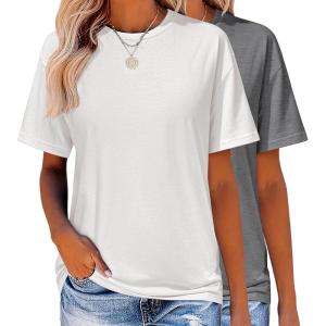 Zeagoo Women’s T-Shirts Short Sleeve Tops Summer Casual Blouse Crew Neck Basic Shirt 2 Pack Loose Fit Tee(White dark Grey)